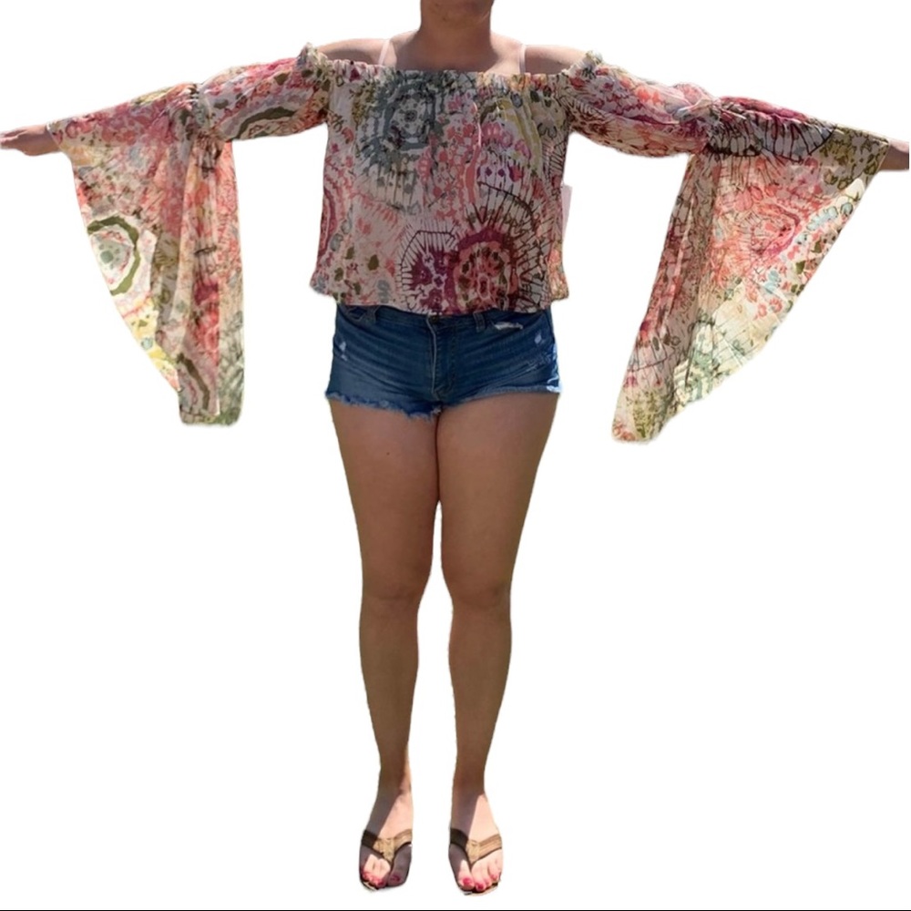 NWT Live 4 Truth Floral Boho Hippie Bell Sleeves Cropped Off Shoulder Flowy XS - Picture 15 of 15